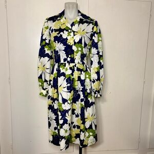Vintage 70s Navy Green Floral Dagger Collar Long Sleeve Knee Length Shirt Dress